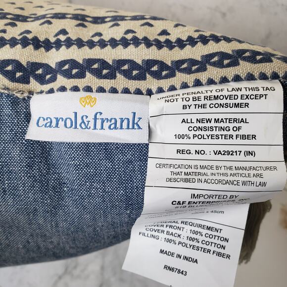 Carol& Frank blue and cream tassel striped printed decorative throw pillow 18X18 - Picture 4 of 8